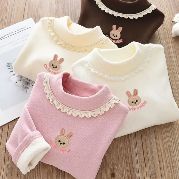 1pcs Children's T-Shirts Rabbit Embroidery Velvet warm top Kids Half High Collar Long Sleeve Base Shirt Girls Tshirts Clothes - Image 2