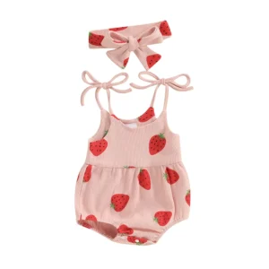 Pudcoco Baby Girl Summer Jumpsuit Strawberry Print Bandage Sleeveless Romper and Headband Set Cute Fashion Clothes Outfits 3-24M