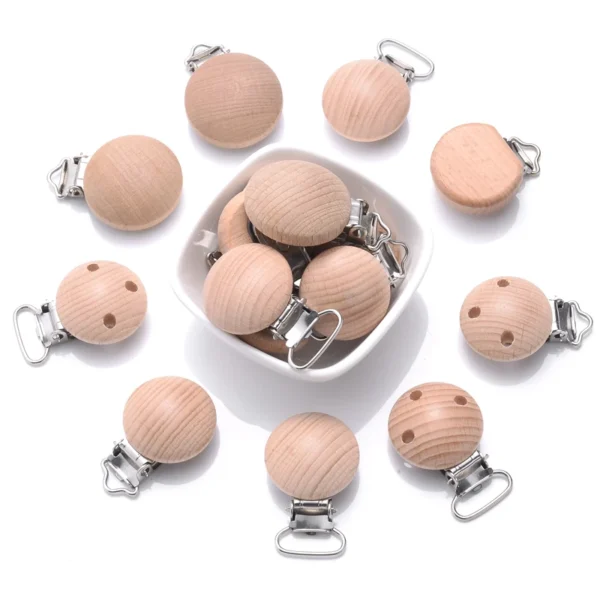 10Pcs Beech Wooden Pacifier Clip Baby Teether Soother Clasp Metal Nursing Accessories Chewable Teething Diy Dummy Clip Chains - Image 2
