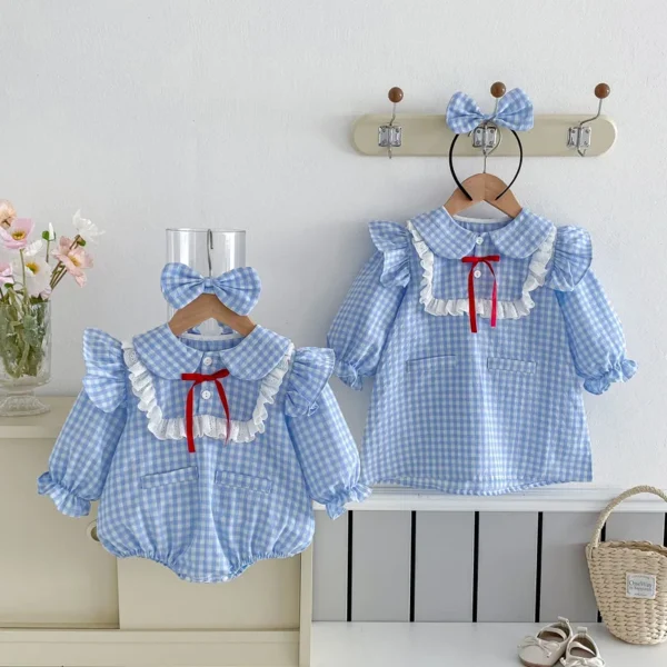 Spring College Style Baby Girls Rompers Cotton Laid Lace Broder Long Sleeve Toddler Girls Rompers Kids Girls Dress Sister Look