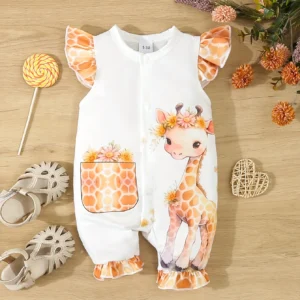 Baby Boy Cute Comfortable Casual Giraffe Print Sleeveless Baby Girl Summer Flying Sleeve Ruffled Onesie Fake Pocket