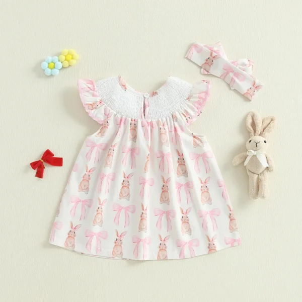 Lioraitiin Toddler Girls Dress Rabbit/Easter Eggs Print Fly Sleeve Casual Dress Baby Princess Dress Easter Clothes with Headband - Image 4